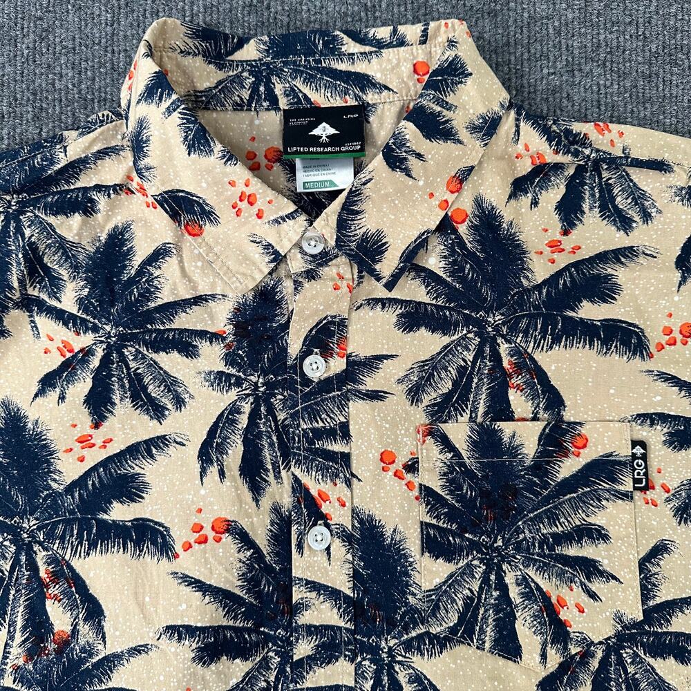 LRG Men's Palm Tree Button Down Shirt Muted Tone Beige Tropical Hawaiian Print M